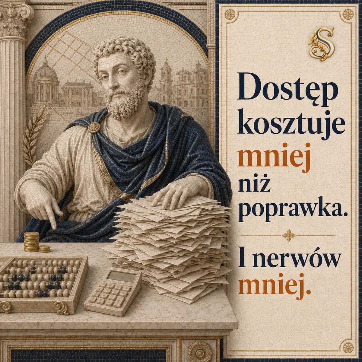 Szacjusz nad stosem poprawionych operatów, obok liczydło i monety. Napis: Dostęp kosztuje mniej niż poprawka. I nerwów mniej.