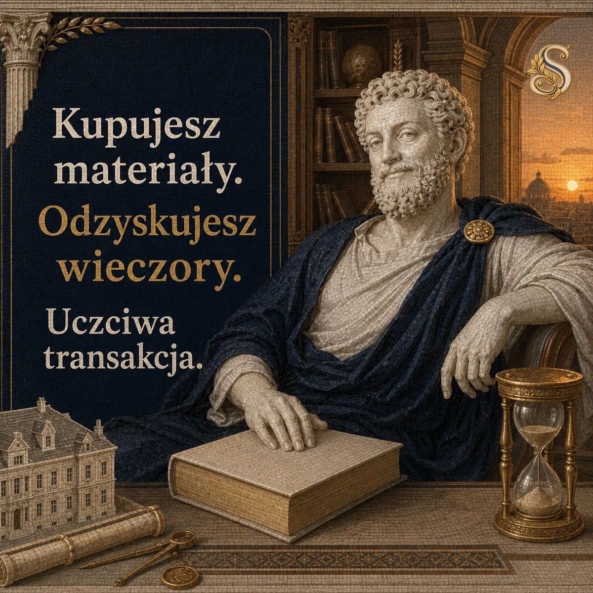 Szacjusz z księgą i klepsydrą na tle biblioteki o zachodzie słońca. Napis: Kupujesz materiały. Odzyskujesz wieczory. Uczciwa transakcja.