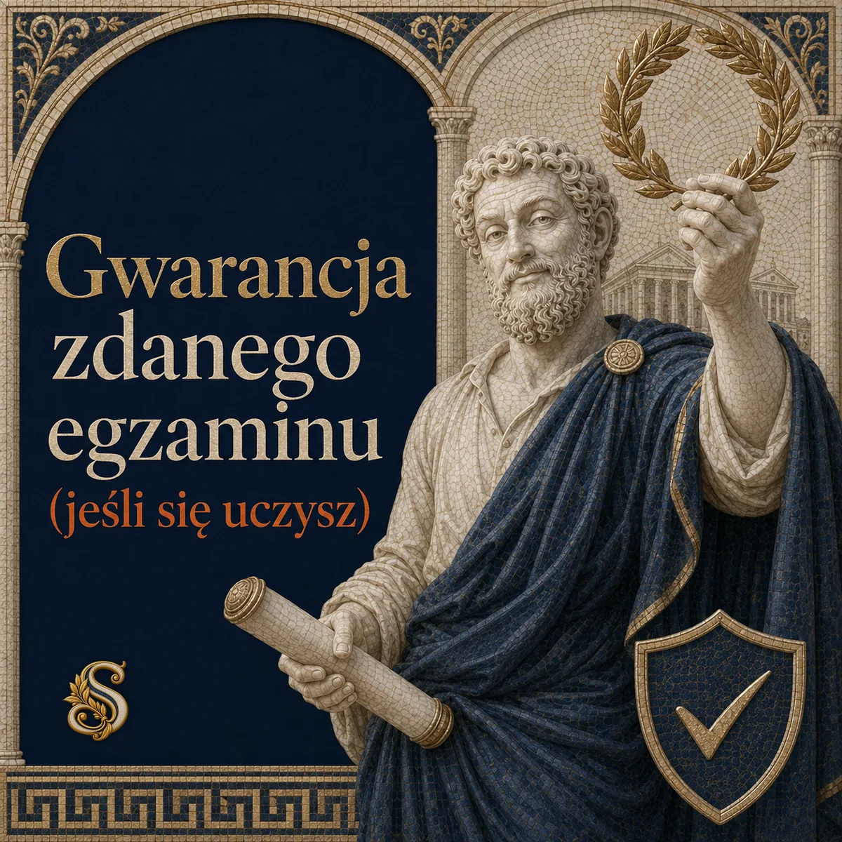 Szacjusz z wieńcem laurowym i tarczą ze znakiem potwierdzenia. Napis: Gwarancja zdanego egzaminu (jeśli się uczysz)