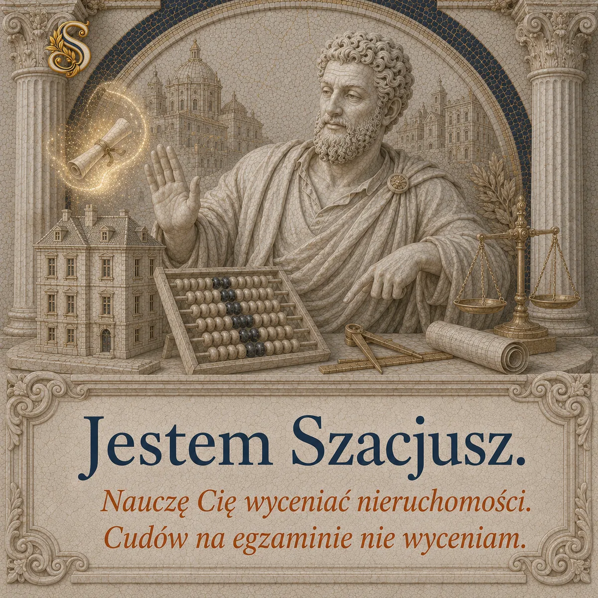 Szacjusz przedstawia się i zapowiada naukę wyceny. Napis: Nauczę Cię wyceniać nieruchomości. Cudów na egzaminie nie wyceniam.
