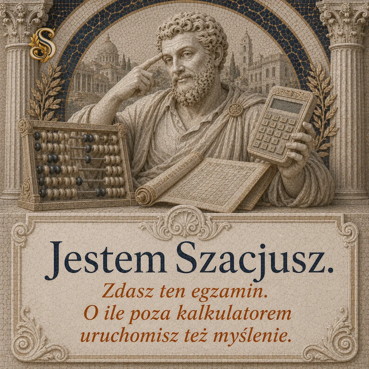 Szacjusz o zdawalności egzaminu. Napis: Zdasz ten egzamin. O ile poza kalkulatorem uruchomisz też myślenie.