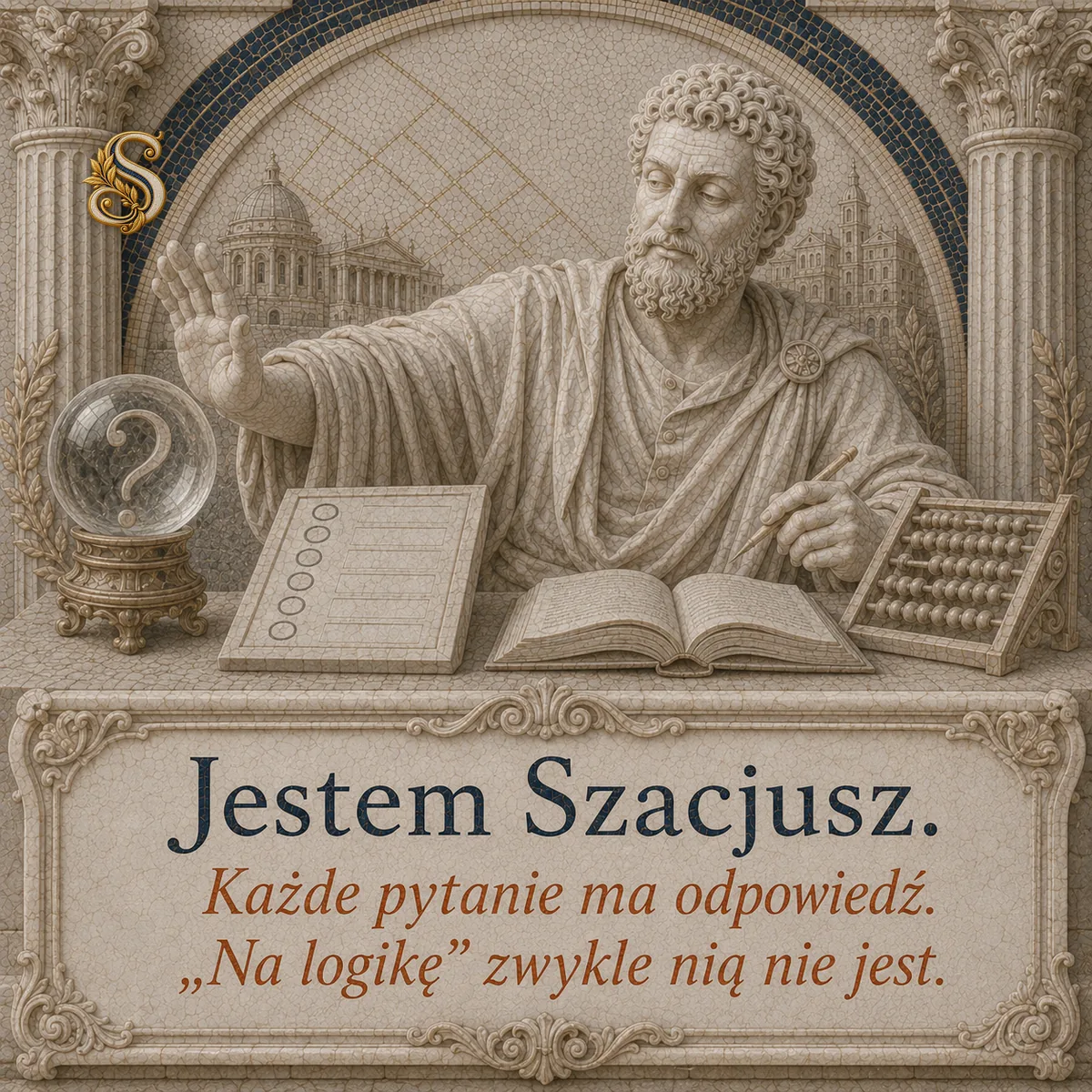 Szacjusz o odpowiedziach na logikę. Napis: Każde pytanie ma odpowiedź. „Na logikę" zwykle nią nie jest.