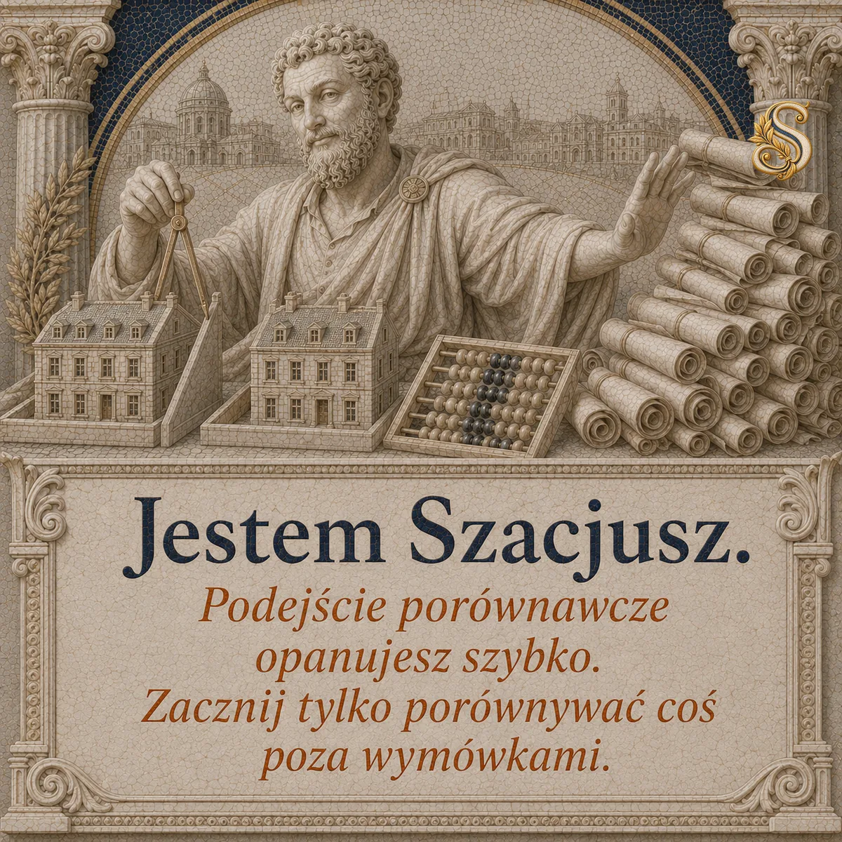 Szacjusz o podejściu porównawczym. Napis: Podejście porównawcze opanujesz szybko. Zacznij tylko porównywać coś poza wymówkami.