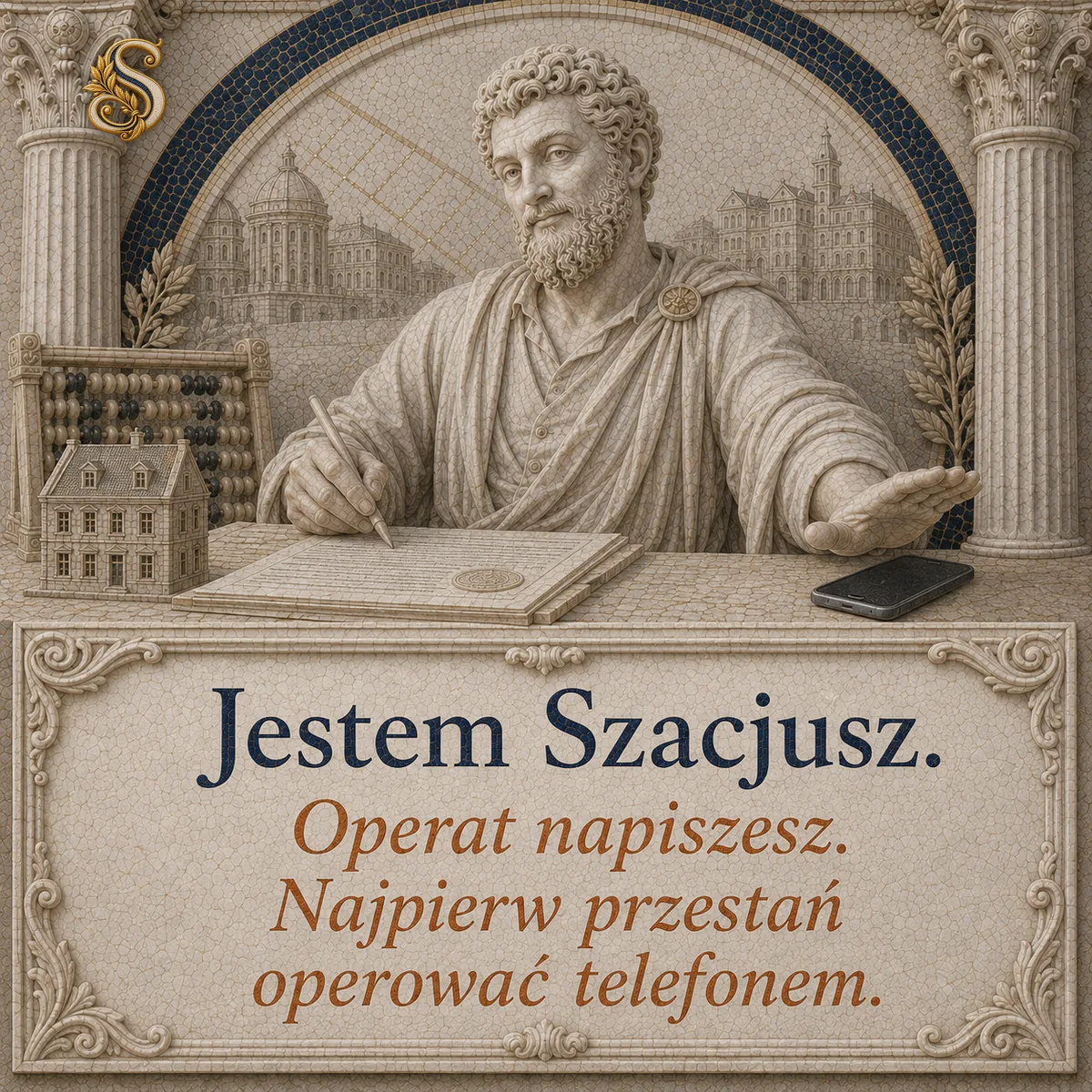 Szacjusz o pisaniu operatu. Napis: Operat napiszesz. Najpierw przestań operować telefonem.