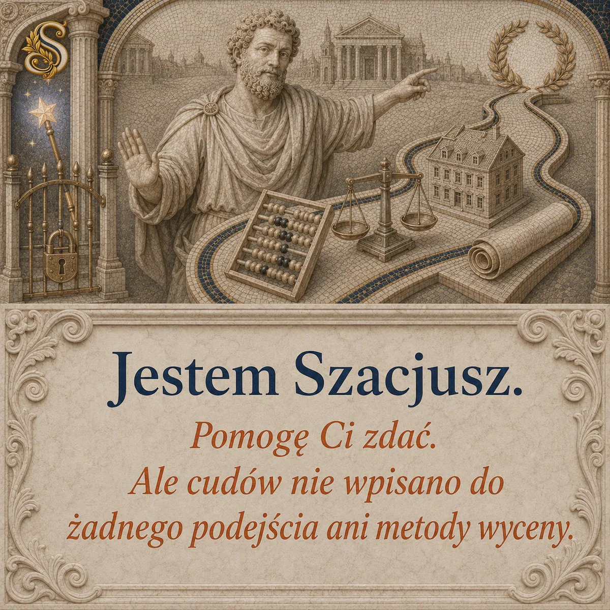 Szacjusz o cudach na egzaminie. Napis: Pomogę Ci zdać. Ale cudów nie wpisano do żadnego podejścia ani metody wyceny.