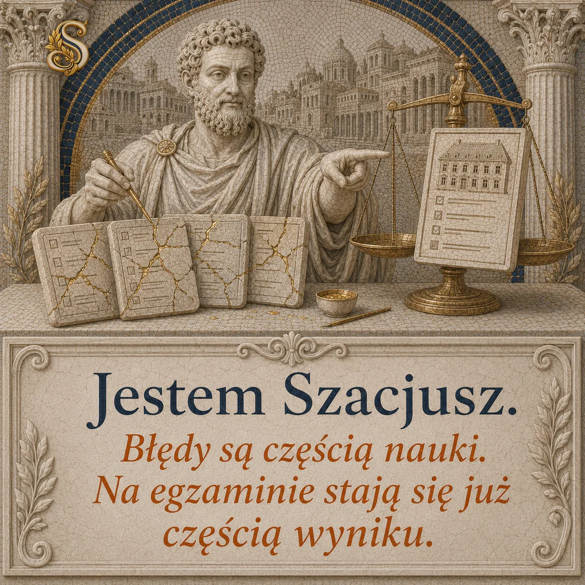 Szacjusz o błędach w nauce. Napis: Błędy są częścią nauki. Na egzaminie stają się już częścią wyniku.