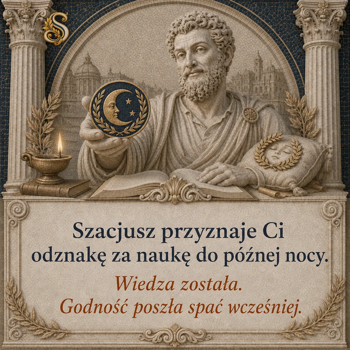 Szacjusz nad książkami późną nocą. Napis: Wiedza została. Godność poszła spać wcześniej.